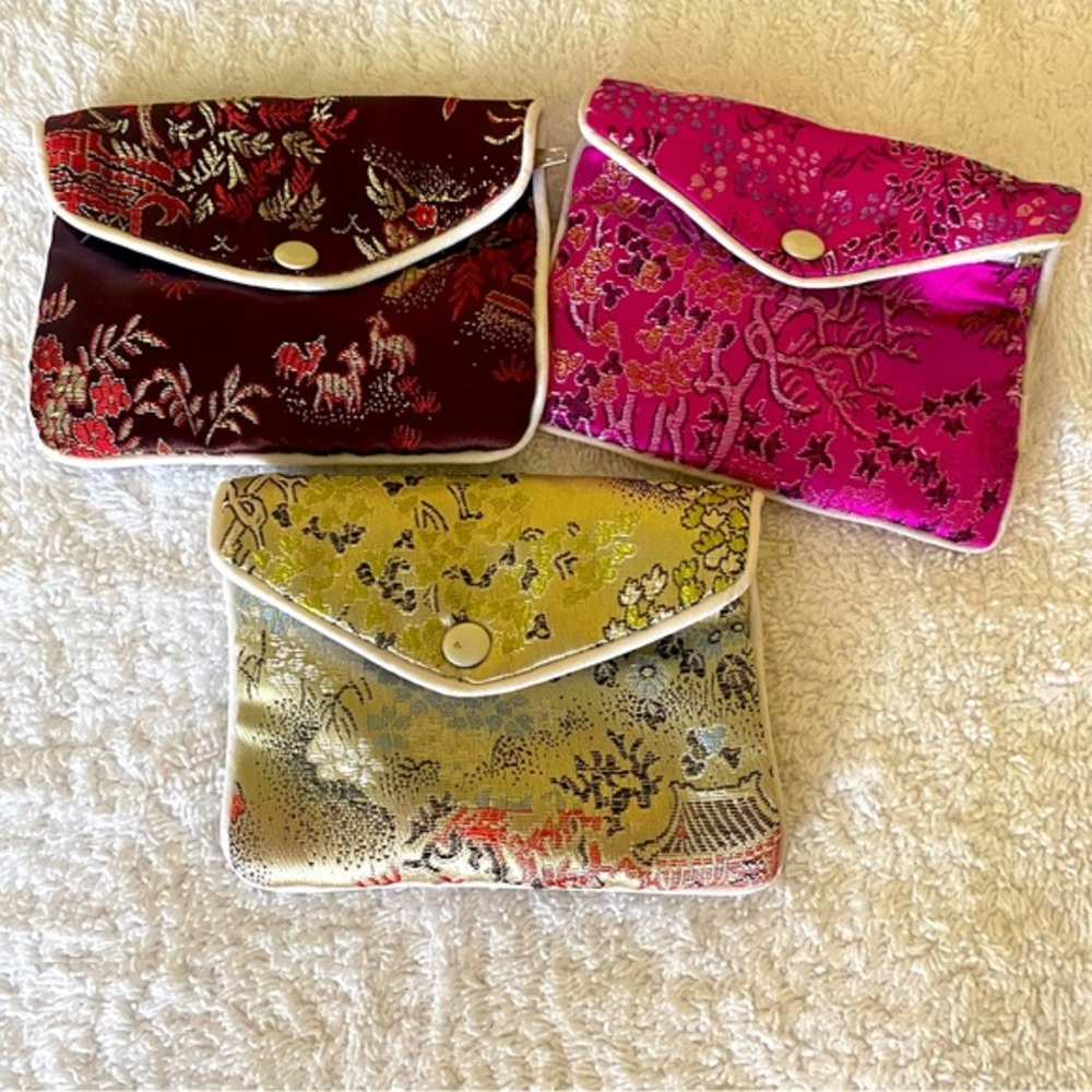 Satin Jewelry Pouches Set of 3, jewelry bags, coin purse, zip and snap closure